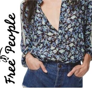 Free people floral long sleeve sky dive snap button top boho size s tunic